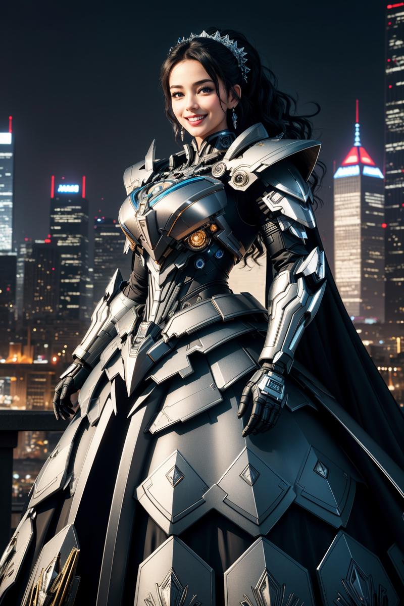 06777-3860070276-((Masterpiece, best quality,edgQuality)), _smiling,excited, edgMecha, a woman in a ballgown standing in front of a city at night.png